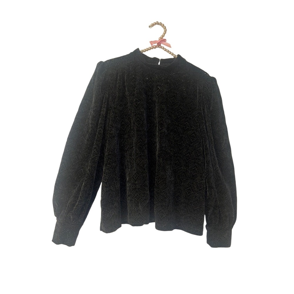 Melrose and Market Black Velvet Geometric Mock Neck Puff Sleeve Blouse XL